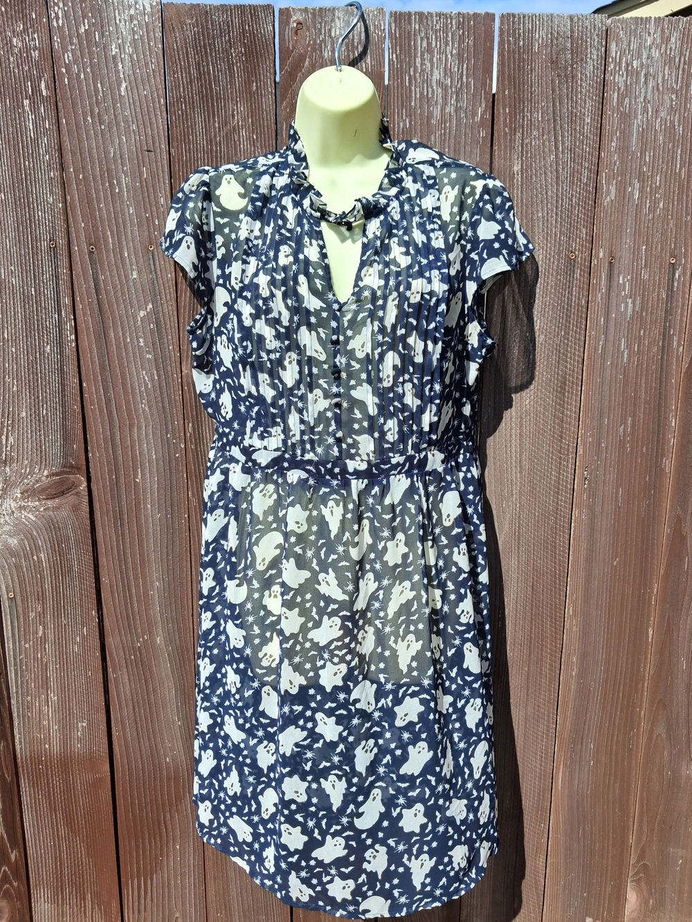 Women's Sheer Navy and White Floral Button-Neck Dress